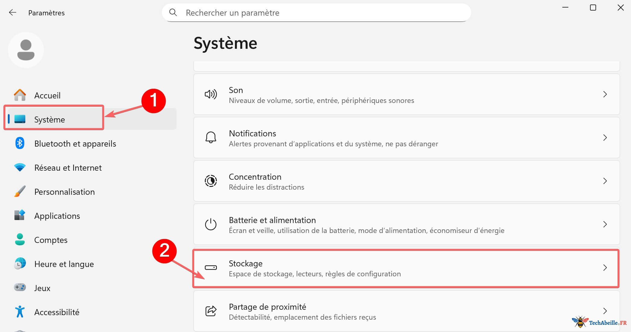 Trouver l'option Stockage dans les Paramètres Windows 11