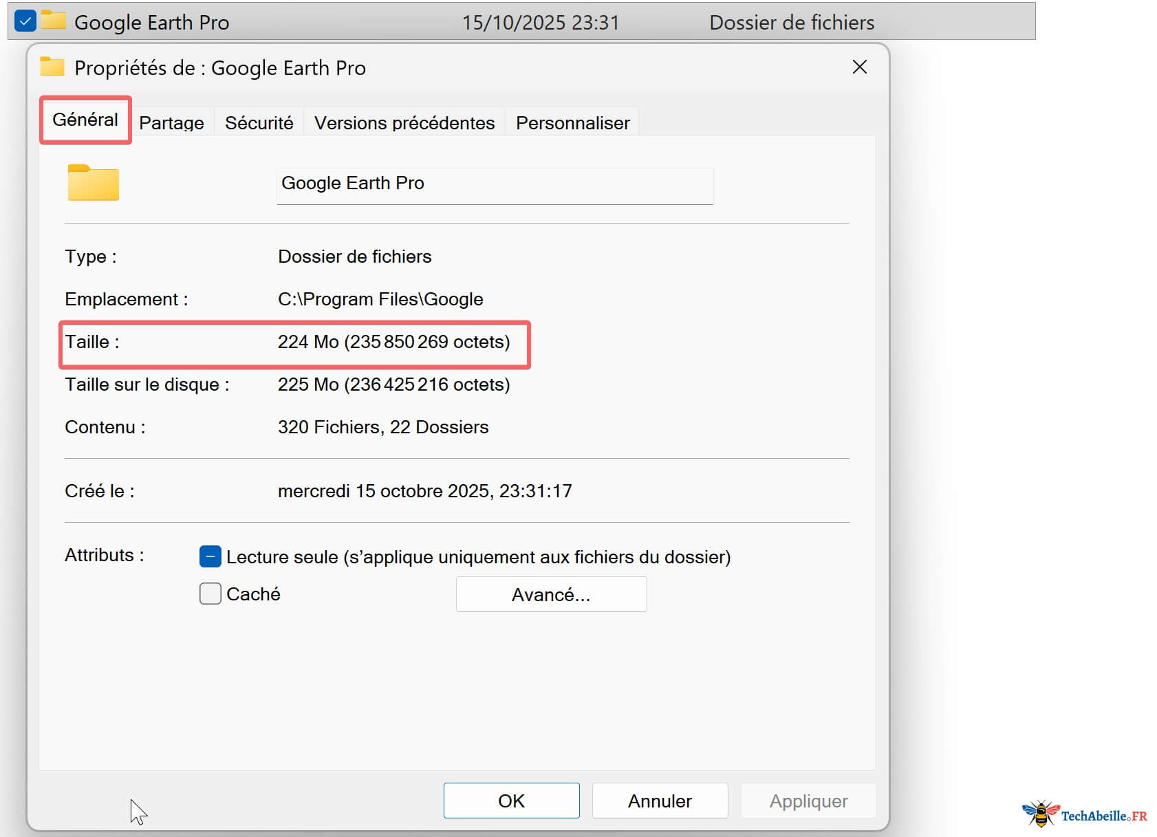 Voir la taille occupée dans Propriétés - Général