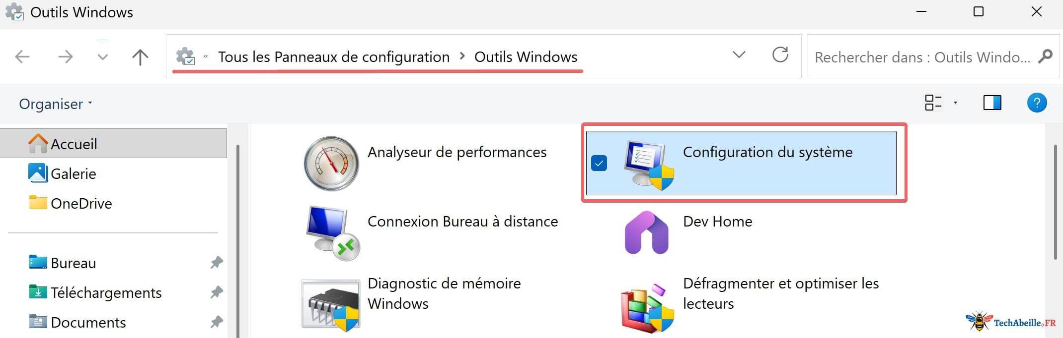 Accedez directement au chemin des Outils Windows pour ouvrir la Configuration du systeme