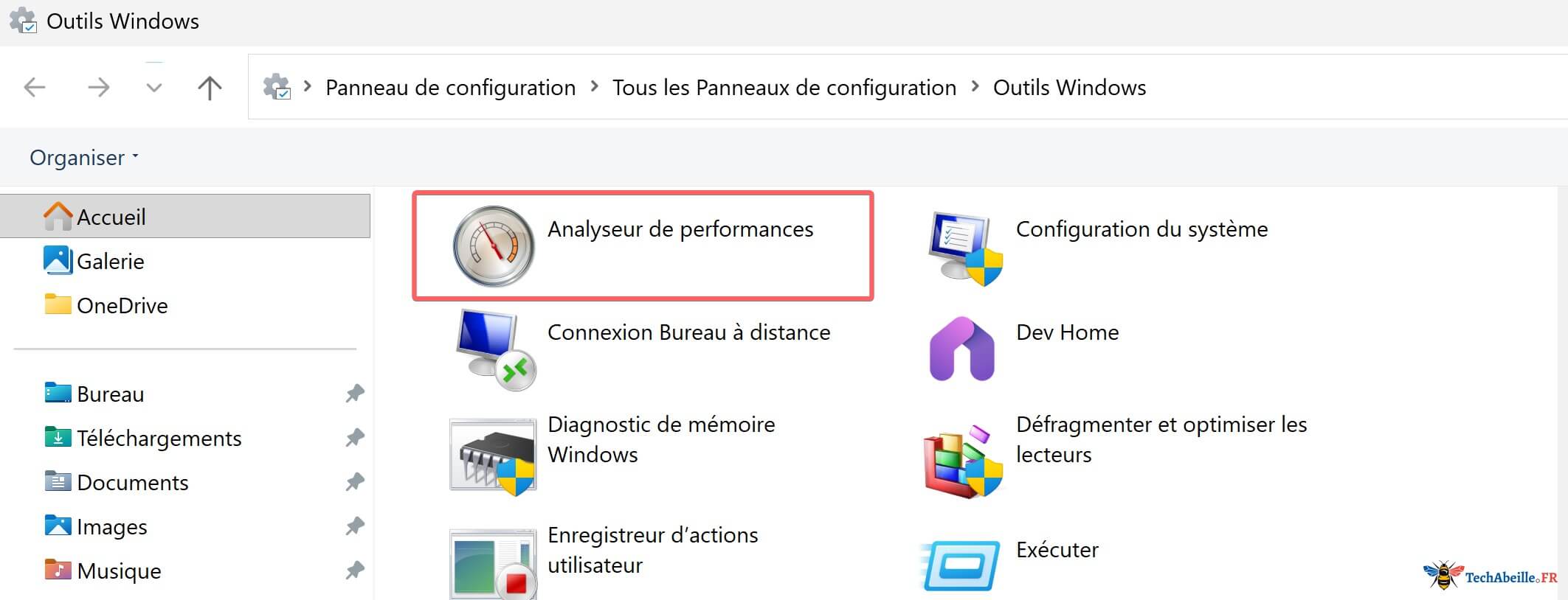 Acces a lAnalyseur de performances via les Outils Windows dans le Panneau de configuration