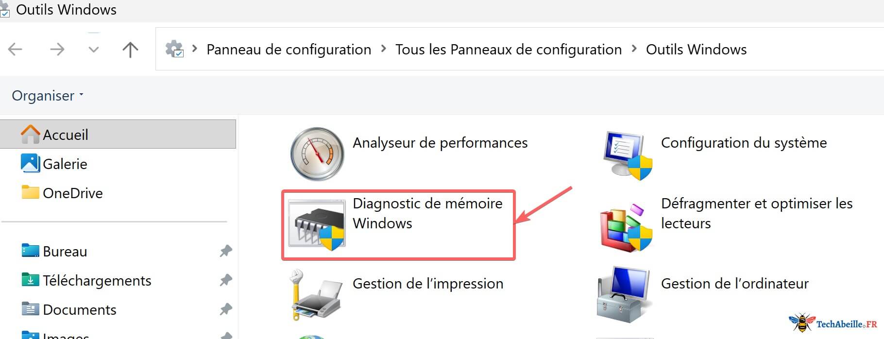 Acces au Diagnostic de memoire via les Outils Windows dans le Panneau de configuration