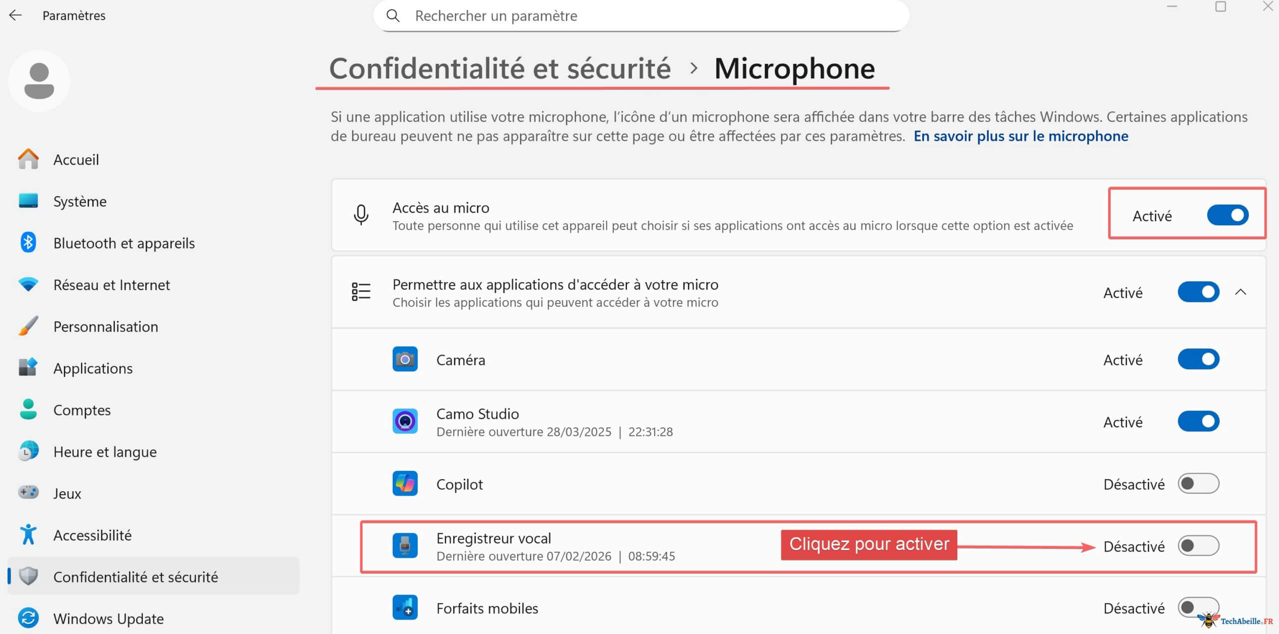 Activer les permissions du microphone pour l'Enregistreur vocal dans les paramètres Windows 11