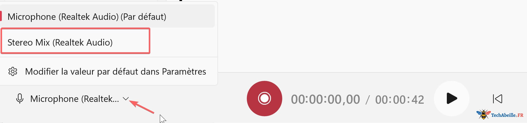Après activation du mixage stéréo sélectionner mixage stéréo comme microphone dans l'Enregistreur vocal
