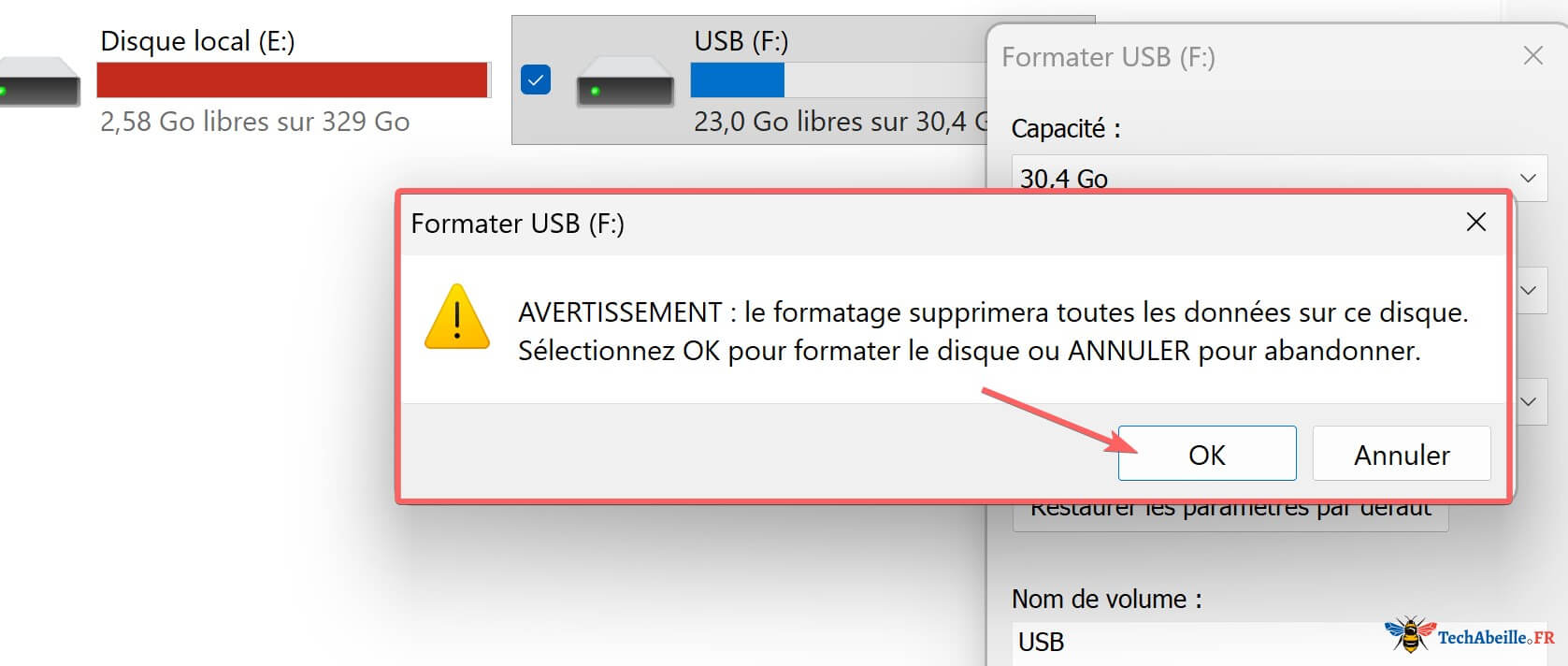 Avertissement indiquant que le formatage supprimera toutes les donnees cliquez OK