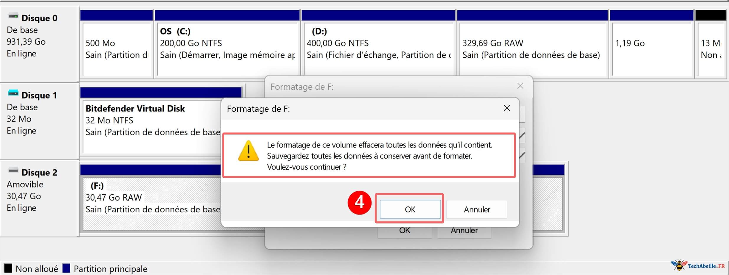 Avertissement lors du formatage dans la Gestion des disques