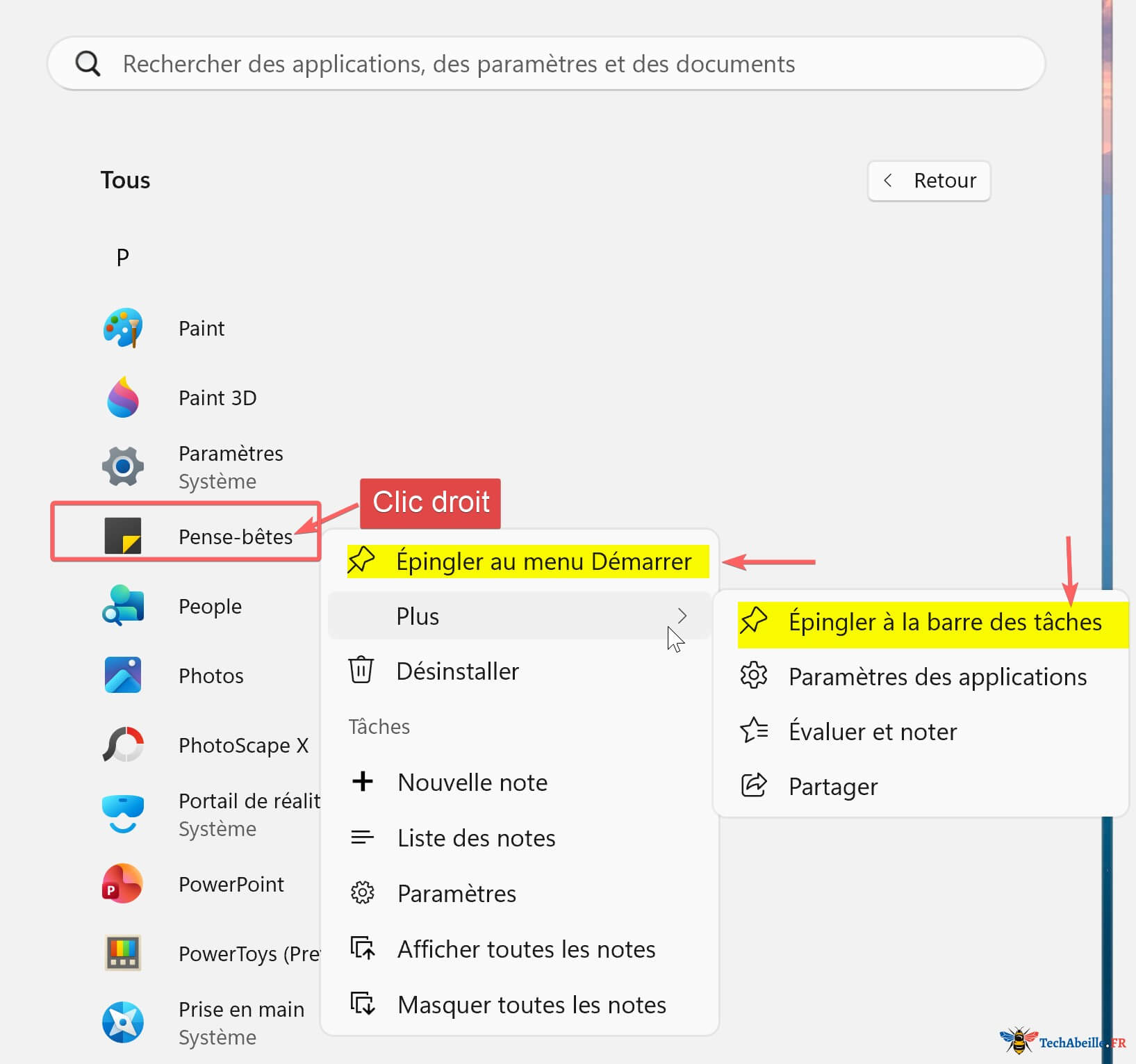 Clic droit sur Pense-betes affiche les options Epingler au menu Demarrer et Epingler a la barre des taches