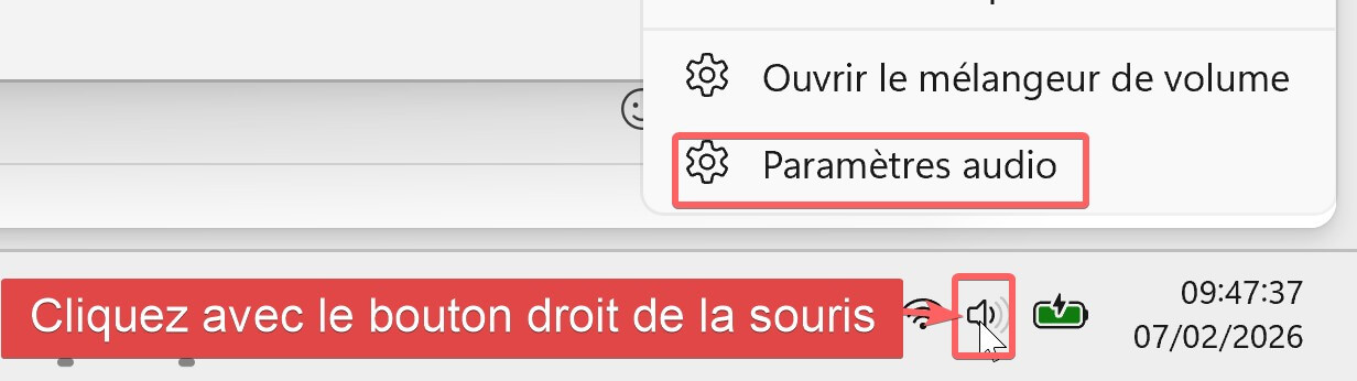 Clic droit sur l'icône du volume dans la barre des tâches