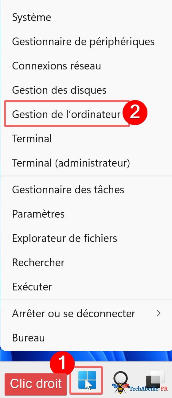 Clic droit sur le logo Windows puis ouvrir Gestion de l ordinateur