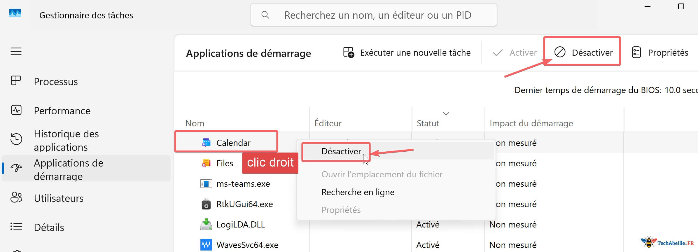 Clic droit sur un programme et selection de Desactiver