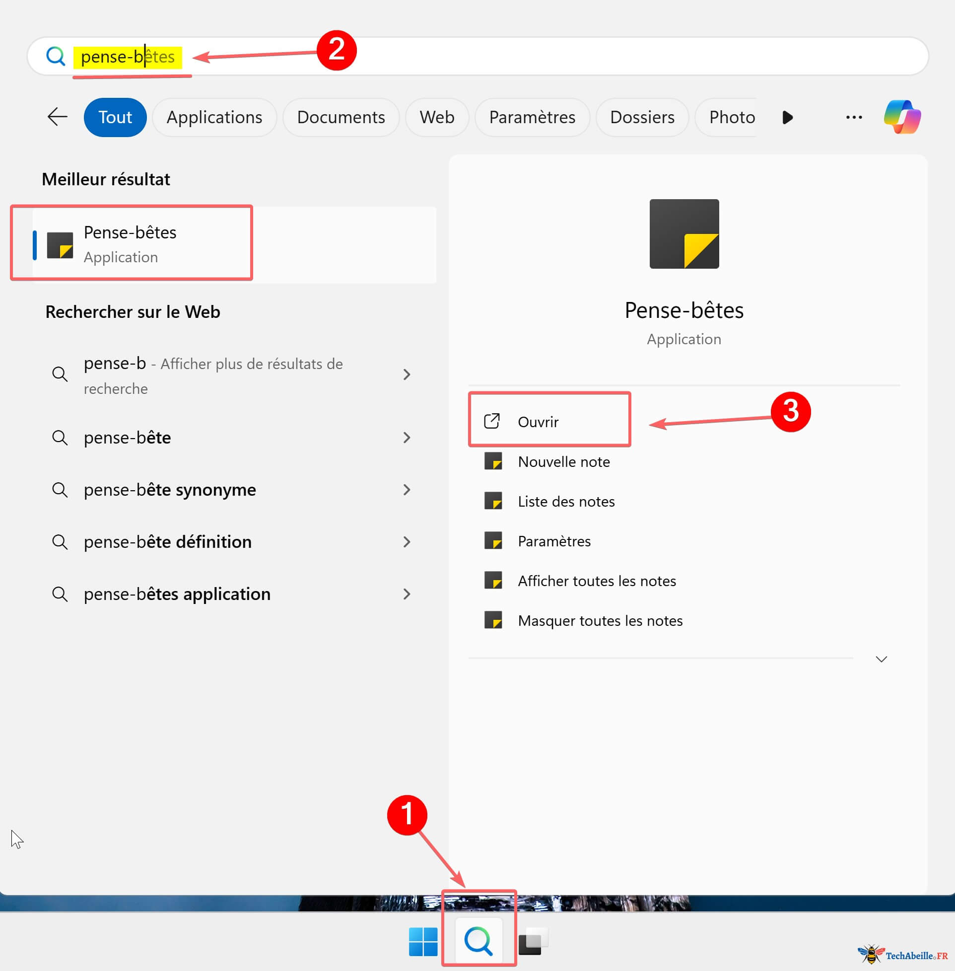Cliquer sur l'icône de recherche et rechercher Pense-bêtes