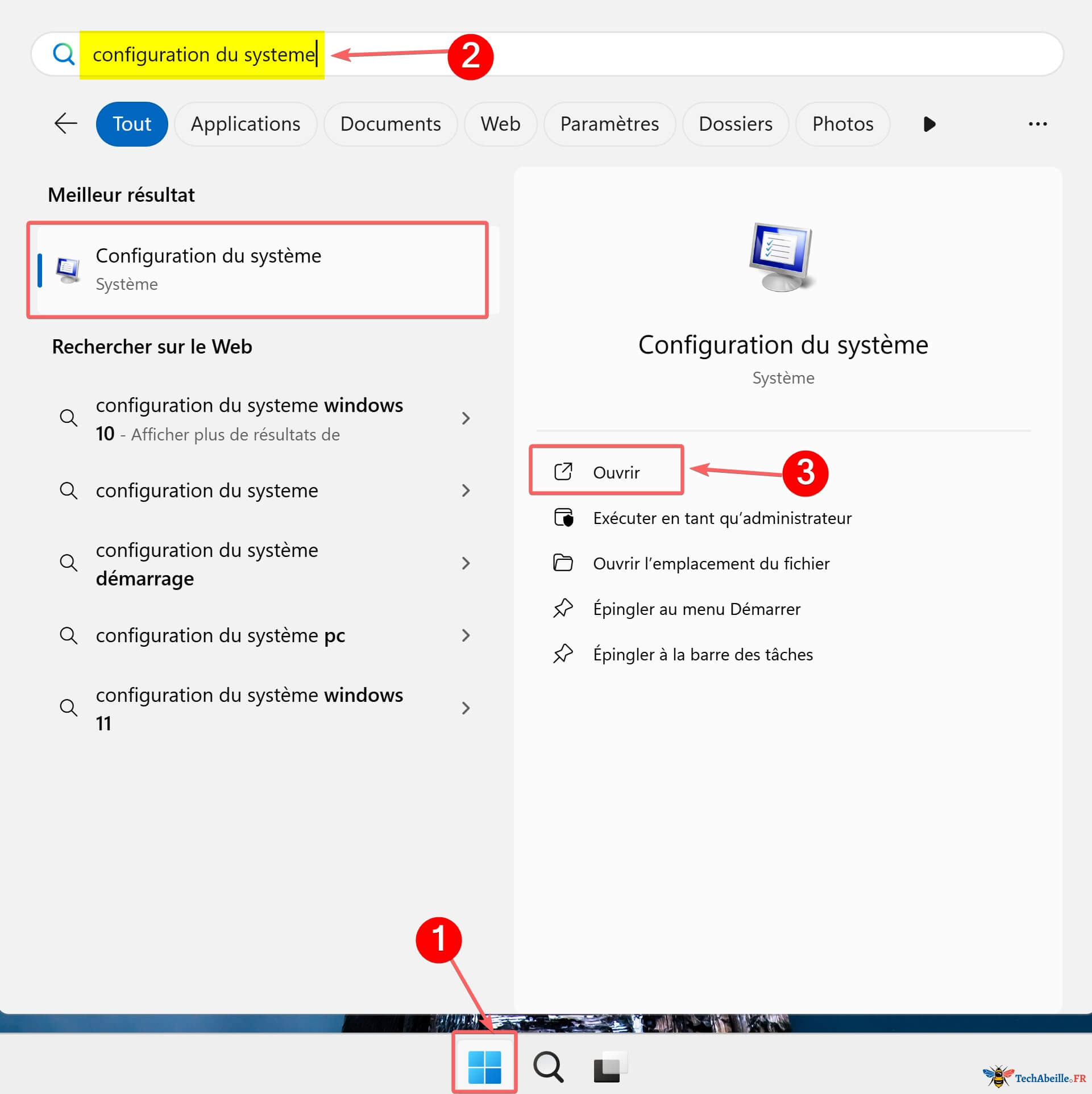 Cliquez sur la recherche dans la barre des taches puis tapez Configuration du systeme et ouvrez