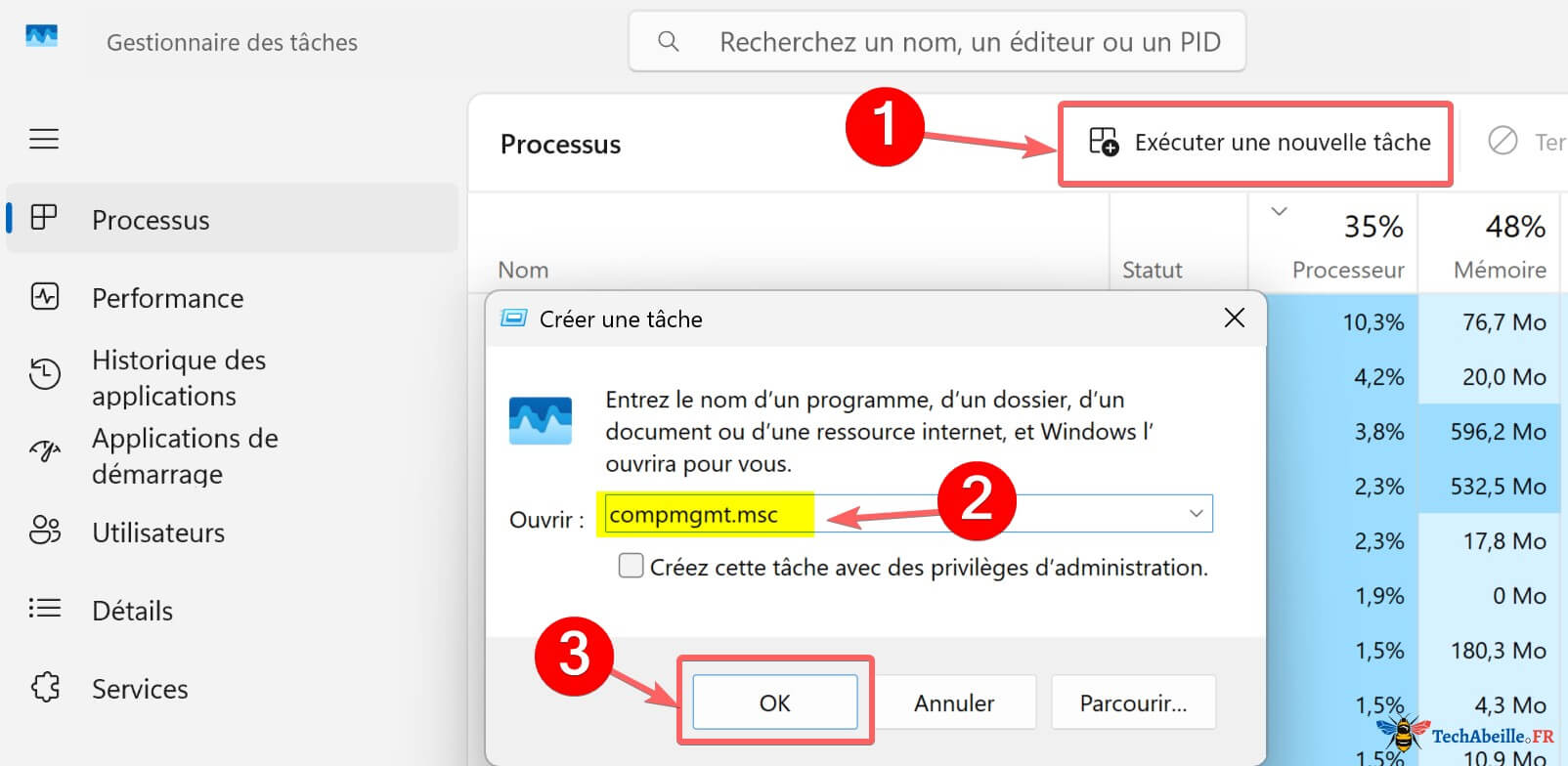 Creer une nouvelle tache dans le Gestionnaire des taches puis saisir compmgmt.msc