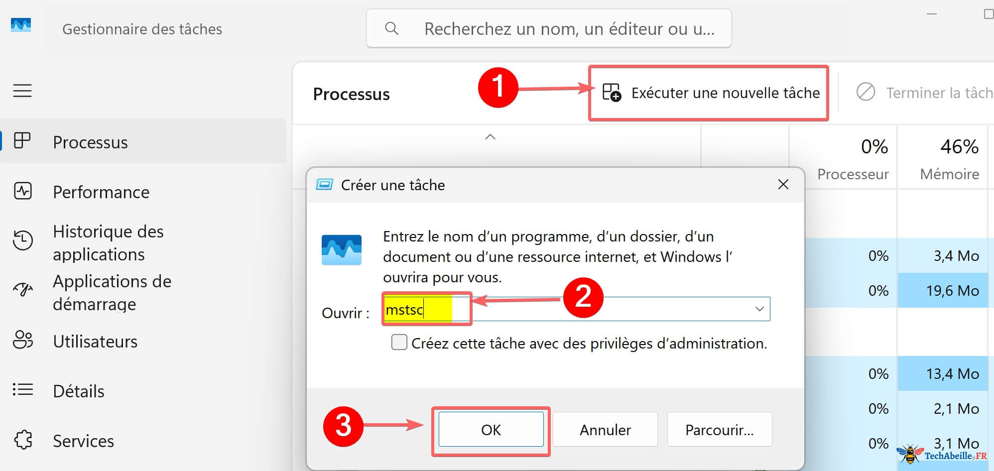 Creer une nouvelle tache mstsc dans le Gestionnaire des taches