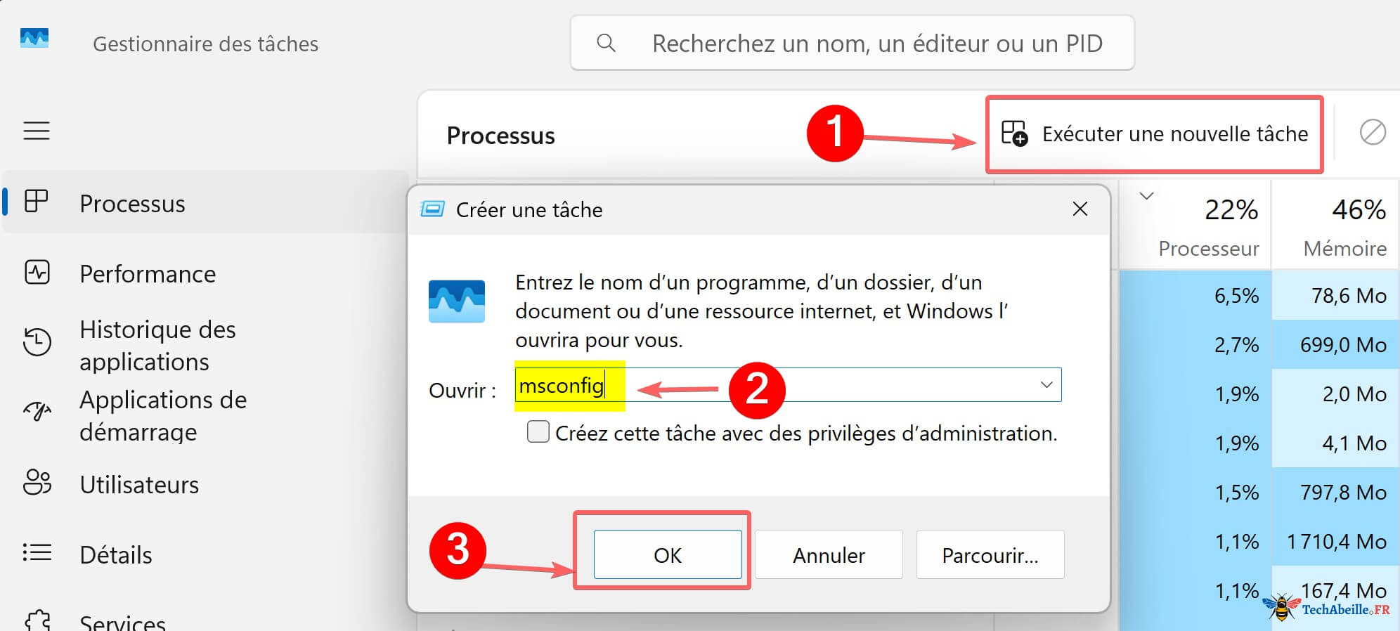 Creez une nouvelle tache dans le Gestionnaire des taches et tapez msconfig