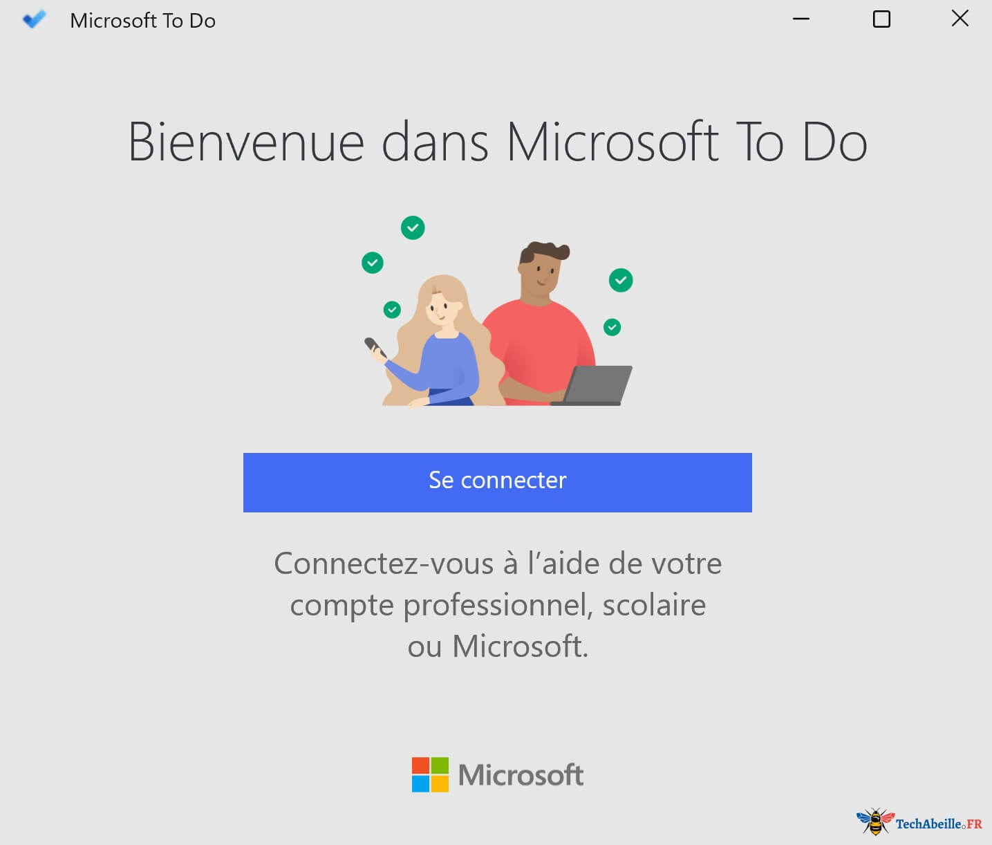 Ecran de bienvenue de To Do lors du premier lancement connexion au compte Microsoft requise