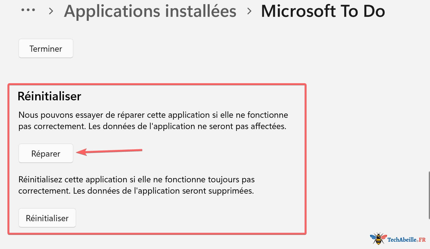Faire defiler les options avancees pour trouver le bouton Reparer