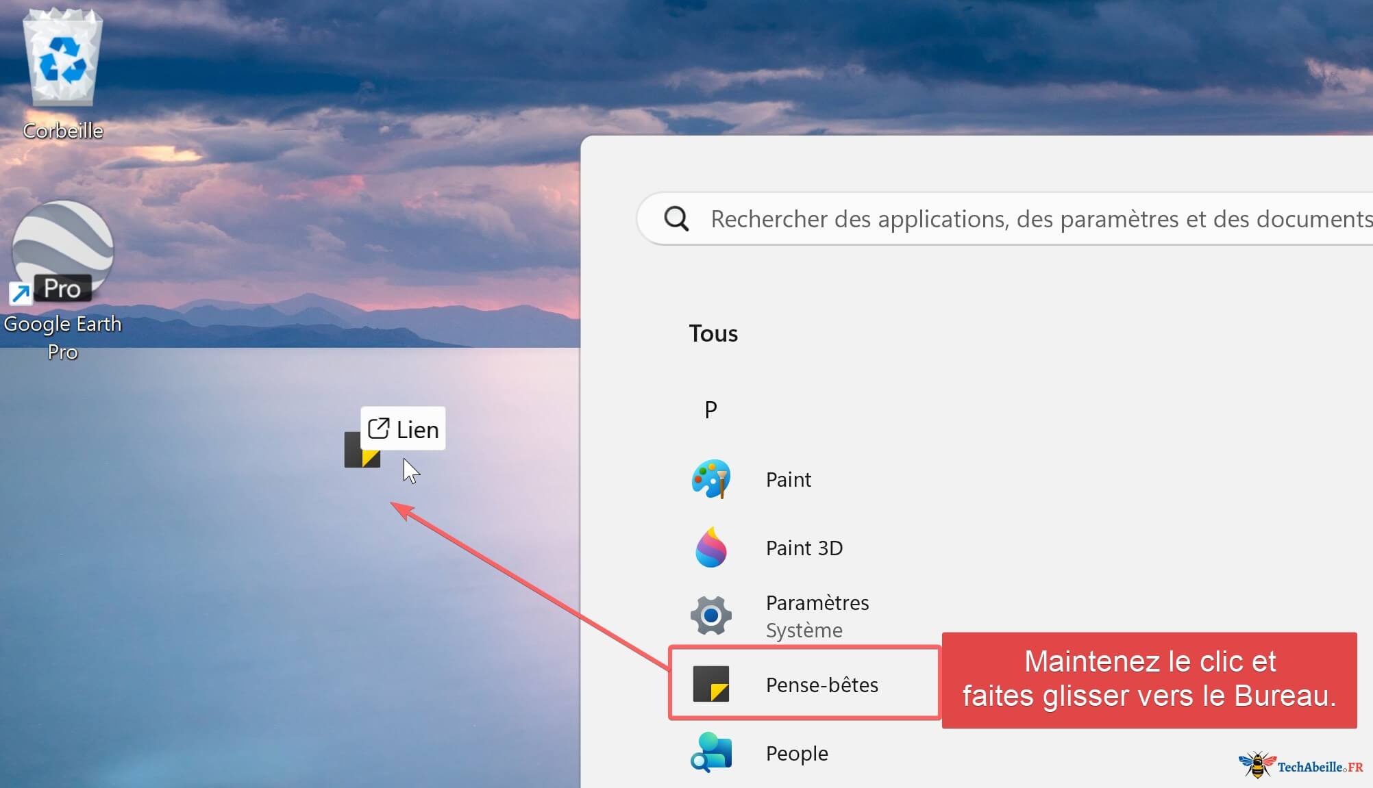 Faire glisser Pense-betes vers le bureau pour creer un raccourci