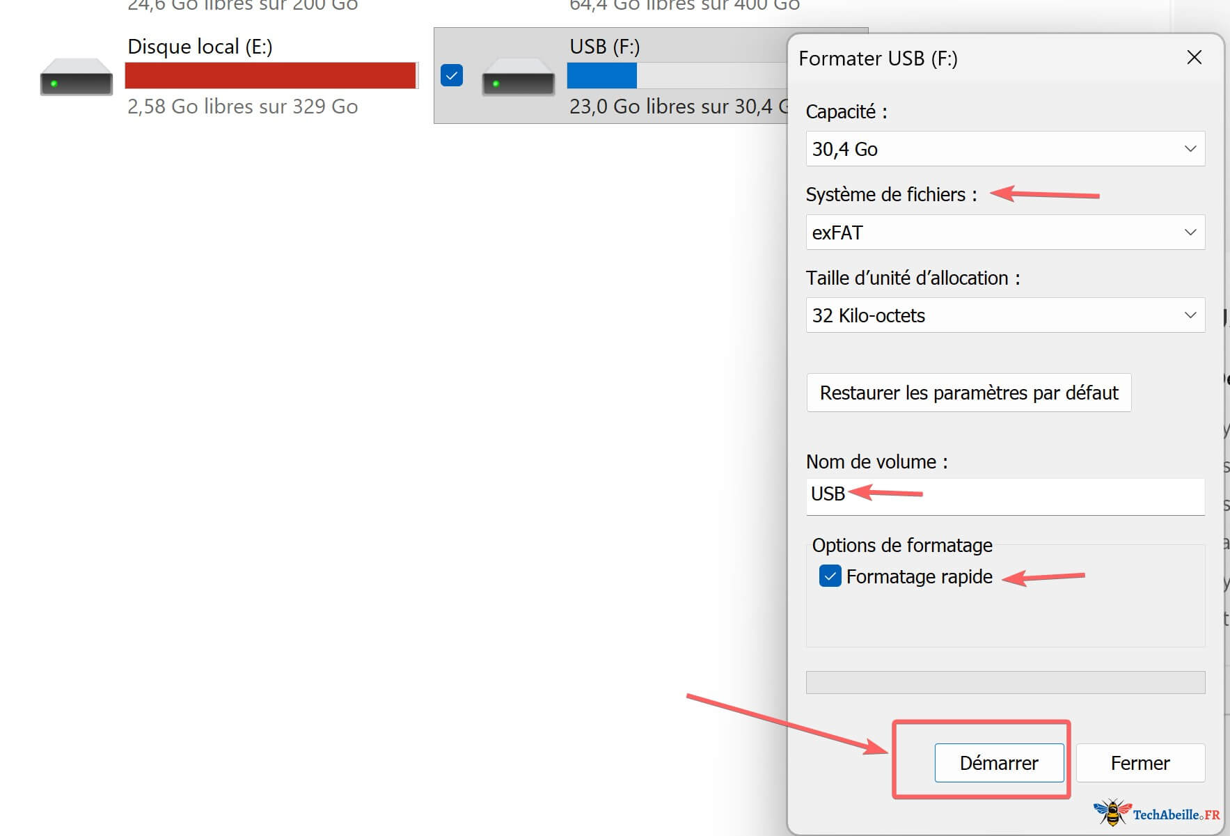 Fenetre de formatage avec le choix du systeme de fichiers et le bouton Demarrer