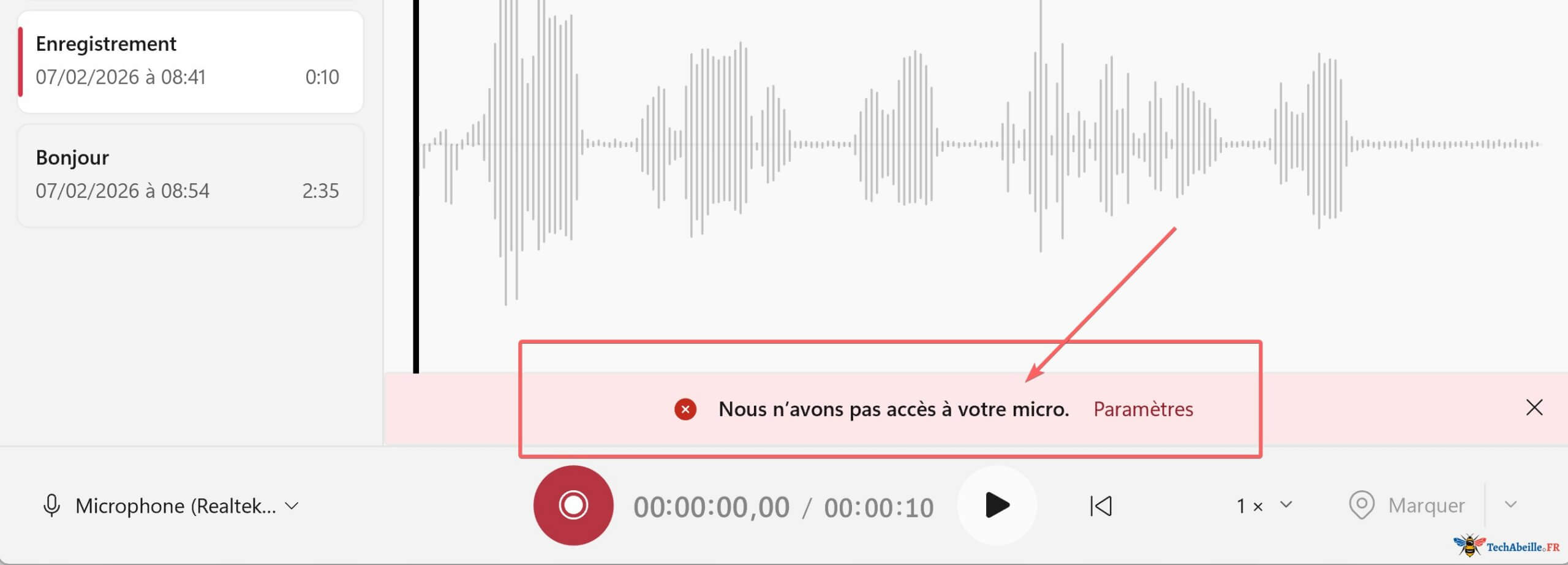 Impossible d'enregistrer car les permissions du microphone sont désactivées
