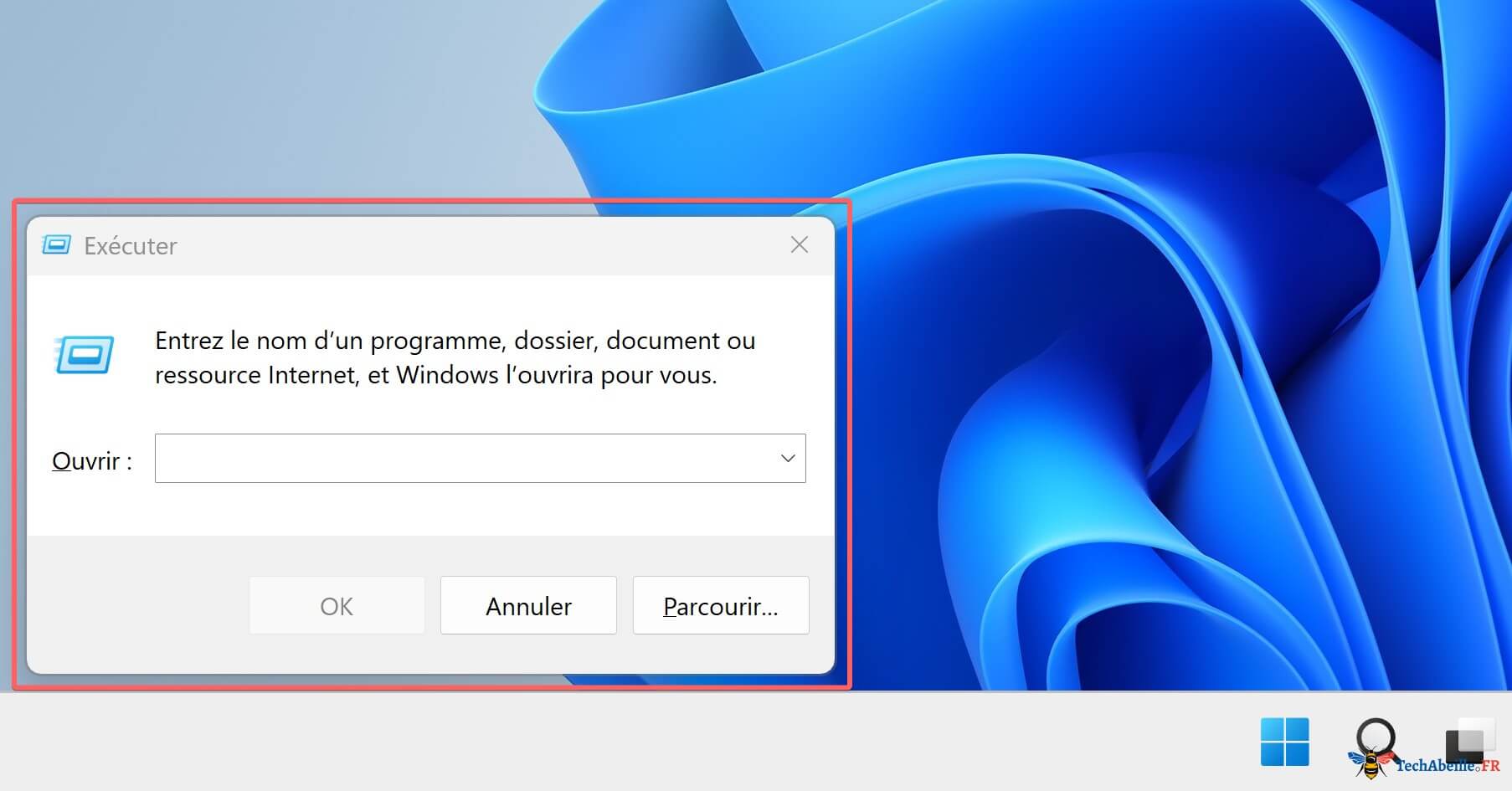 La boite de dialogue Executer est ouverte en bas a gauche de lecran