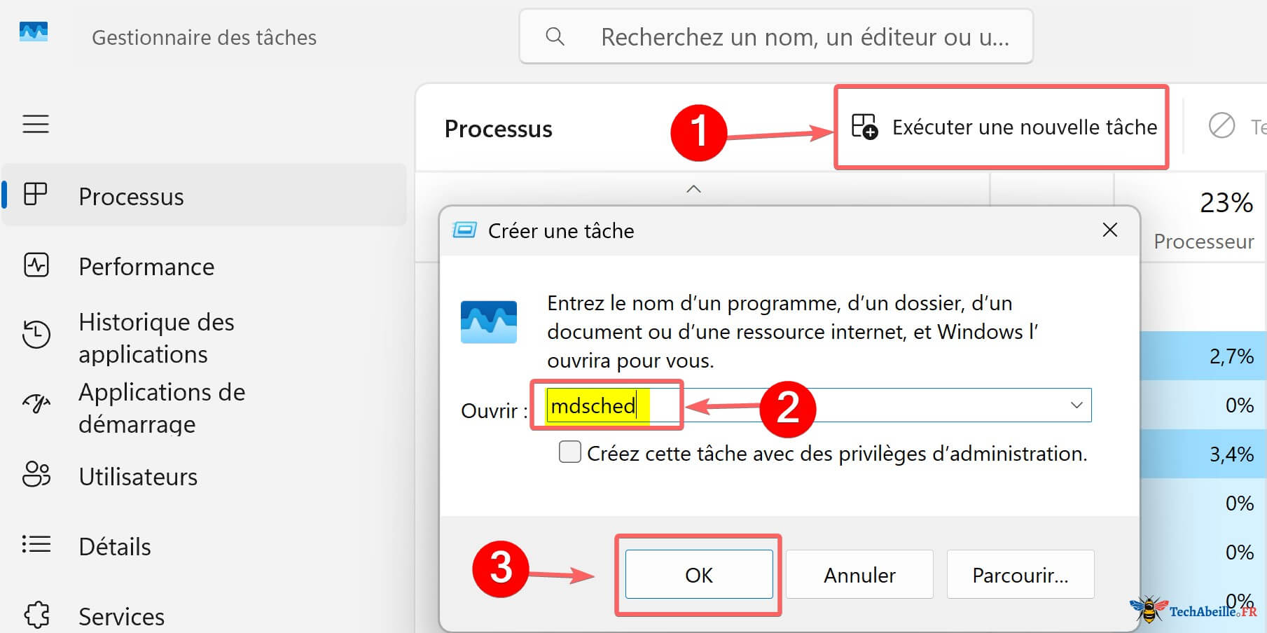 Lancement du Diagnostic de memoire depuis le Gestionnaire des taches avec la commande mdsched