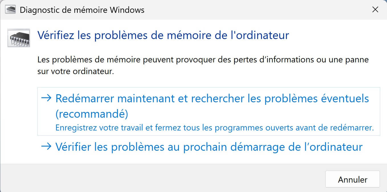 Le Diagnostic de memoire Windows est ouvert