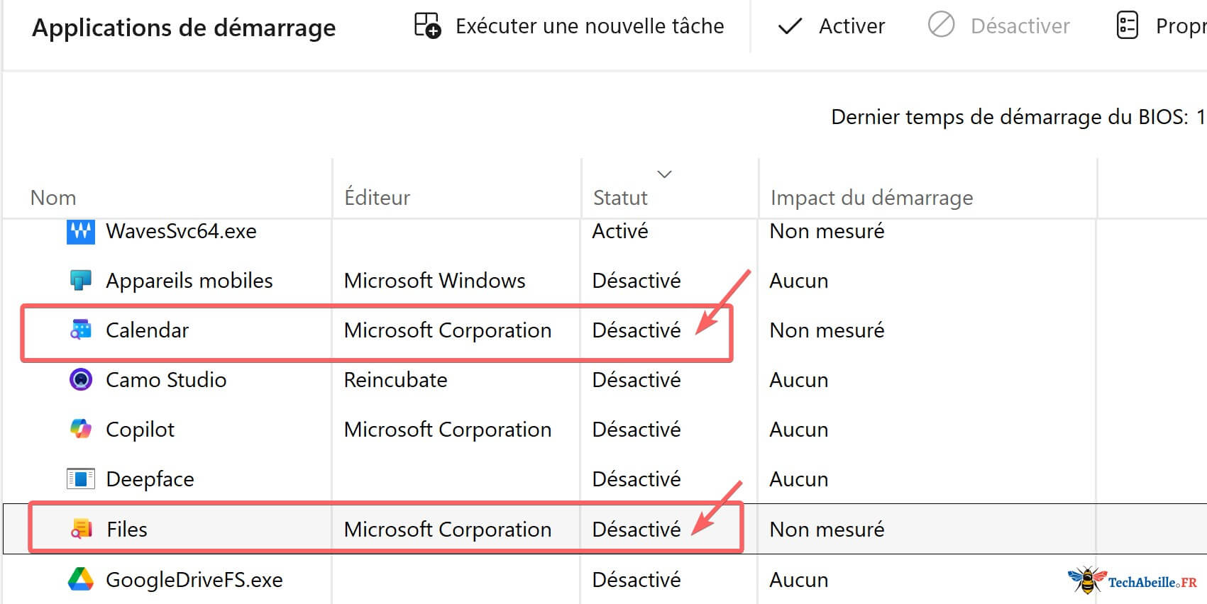 Le programme au demarrage est desactive