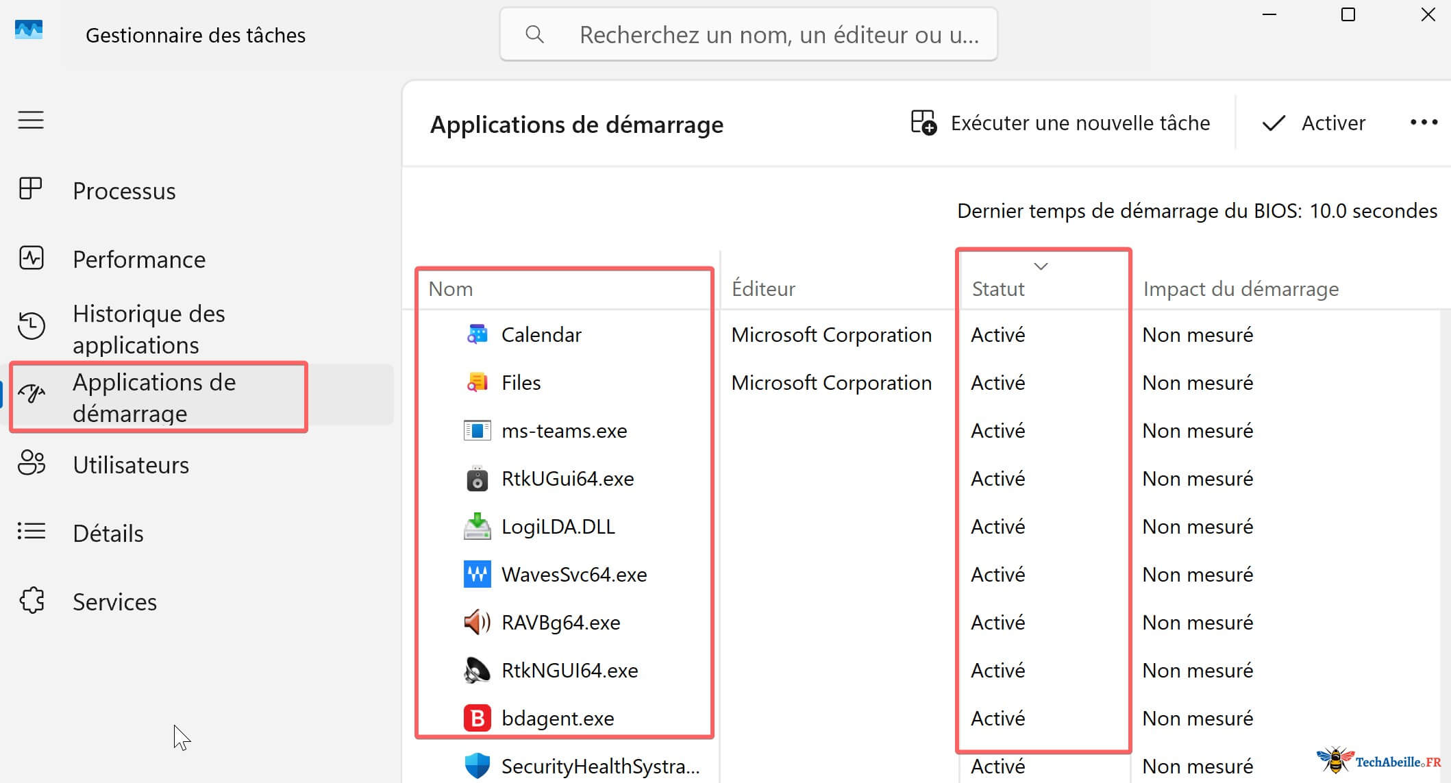 Liste des programmes au demarrage avec nom et etat dans le Gestionnaire des taches