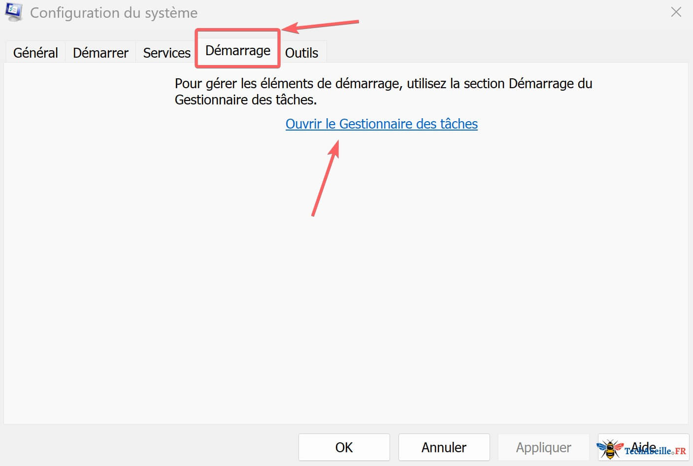 Longlet Demarrage de la Configuration du systeme redirige vers le Gestionnaire des taches
