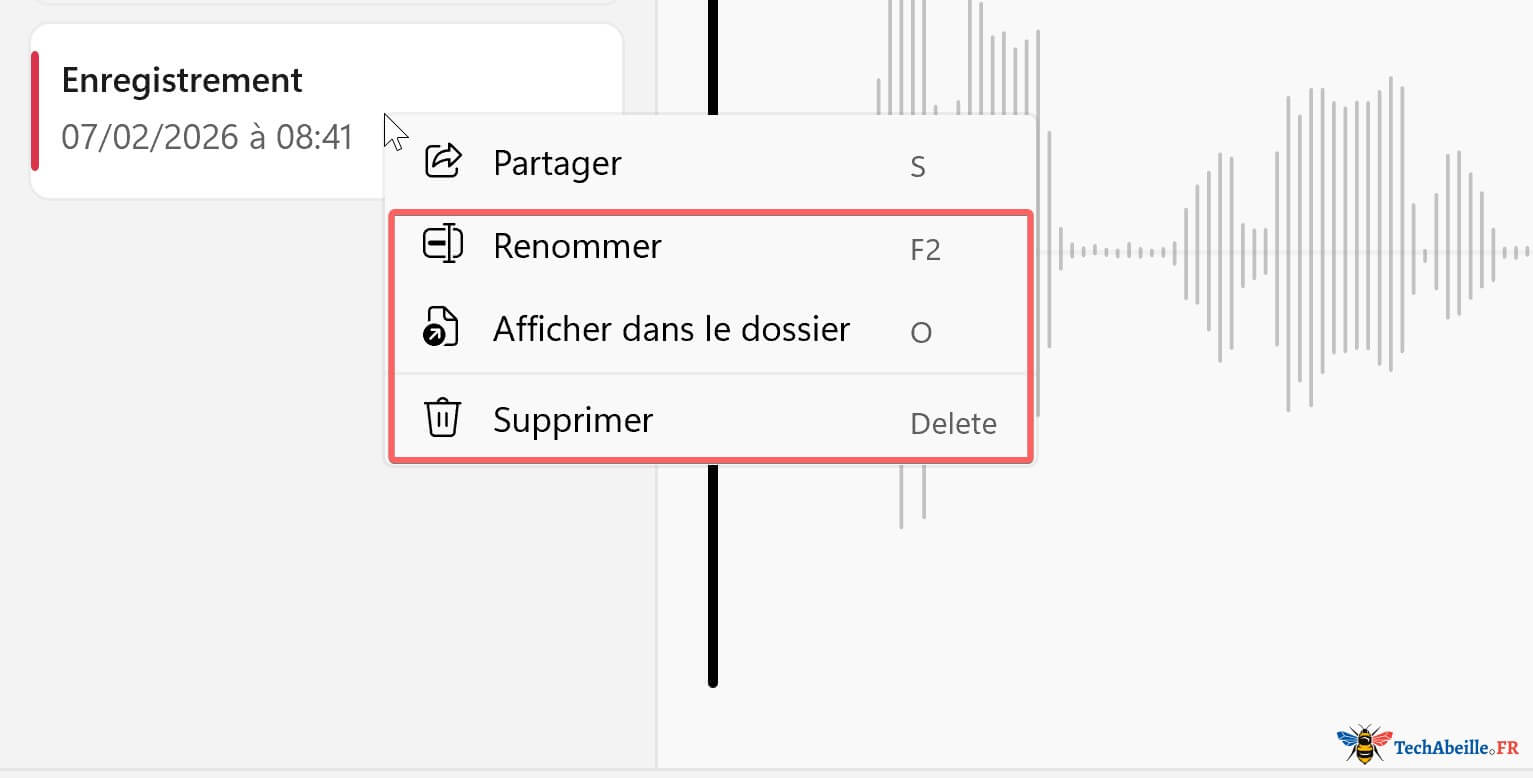 Opérations renommer supprimer et ouvrir emplacement sur les fichiers enregistrés
