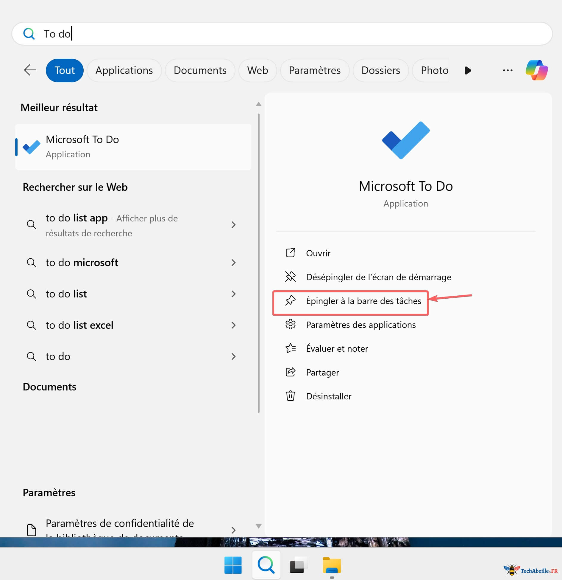 Option pour epingler To Do a la barre des taches