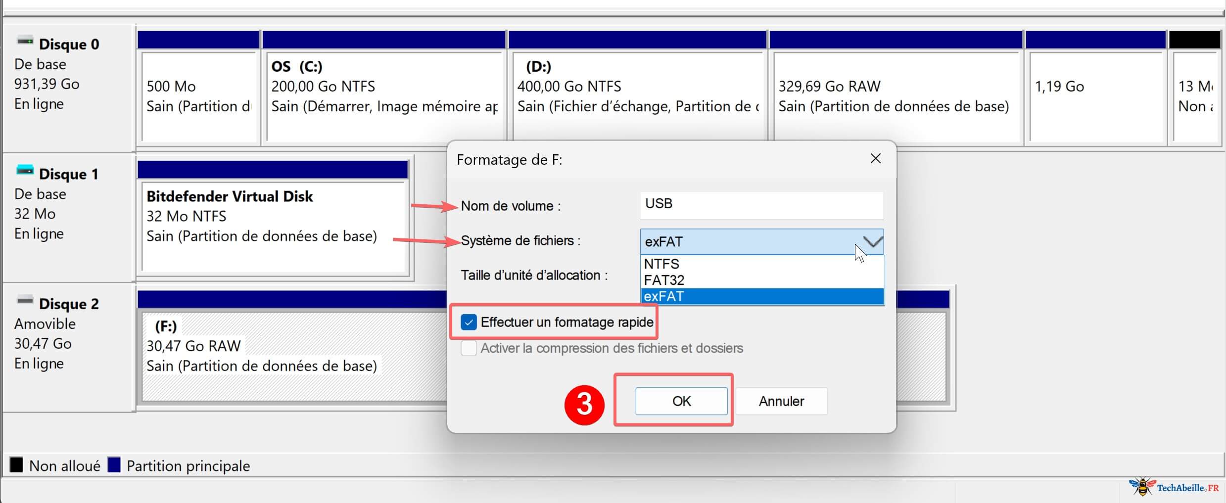 Options de formatage dans la Gestion des disques avec formatage rapide et bouton OK
