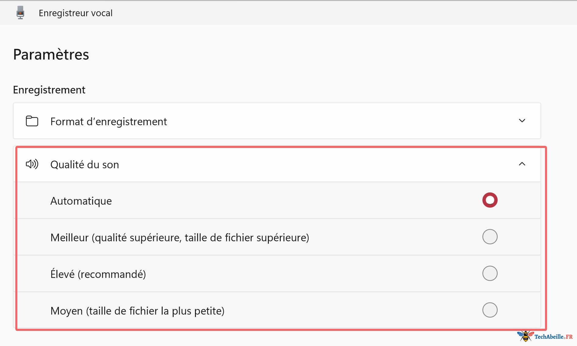Options de qualité audio de l'Enregistreur vocal