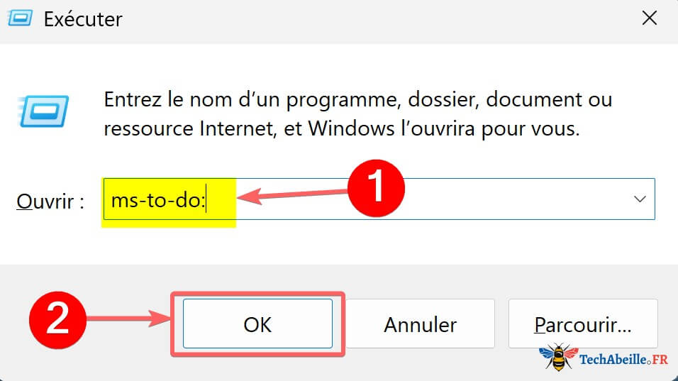 Ouvrir la fenetre Executer et saisir la commande ms-to-do:
