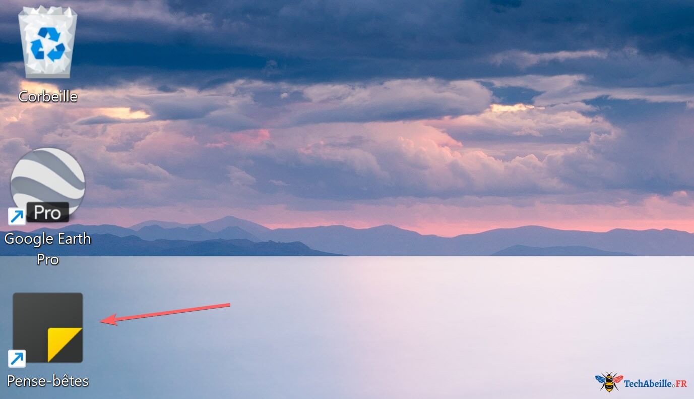 Raccourcis sur le bureau incluant le raccourci Pense-betes