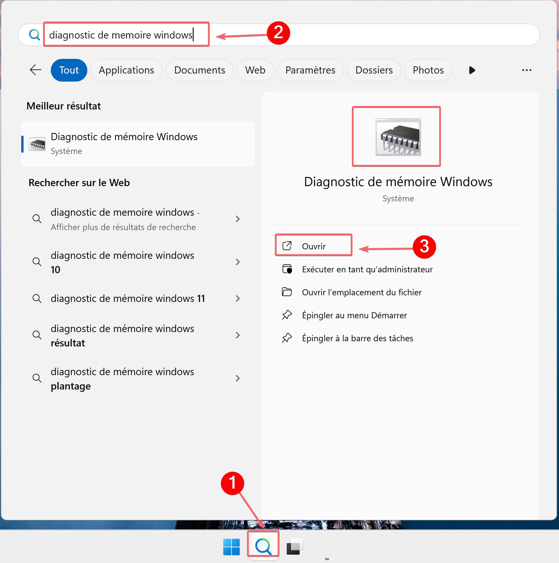 Recherche du Diagnostic de memoire dans la barre des taches