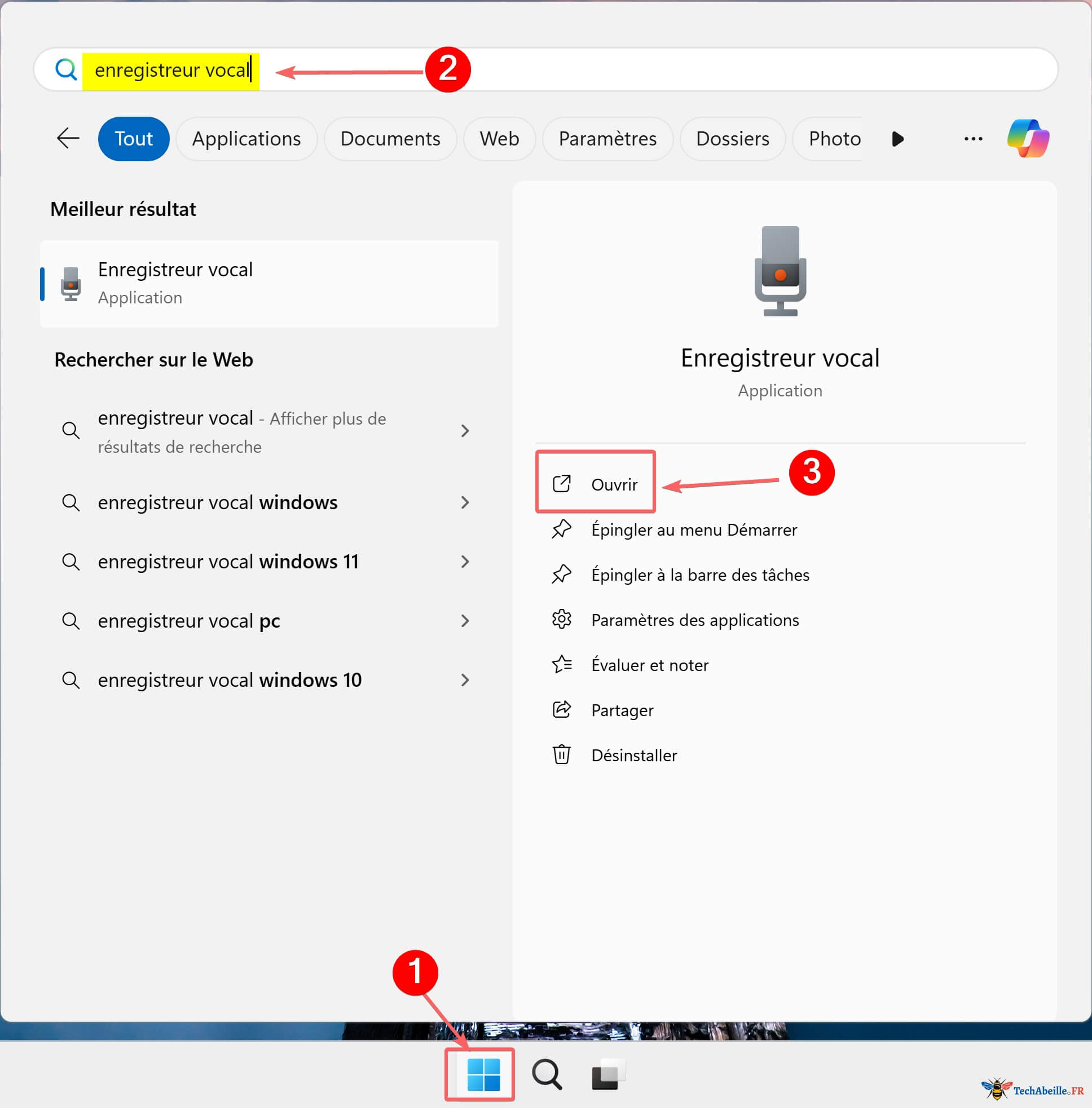 Rechercher Enregistreur vocal dans Windows 11