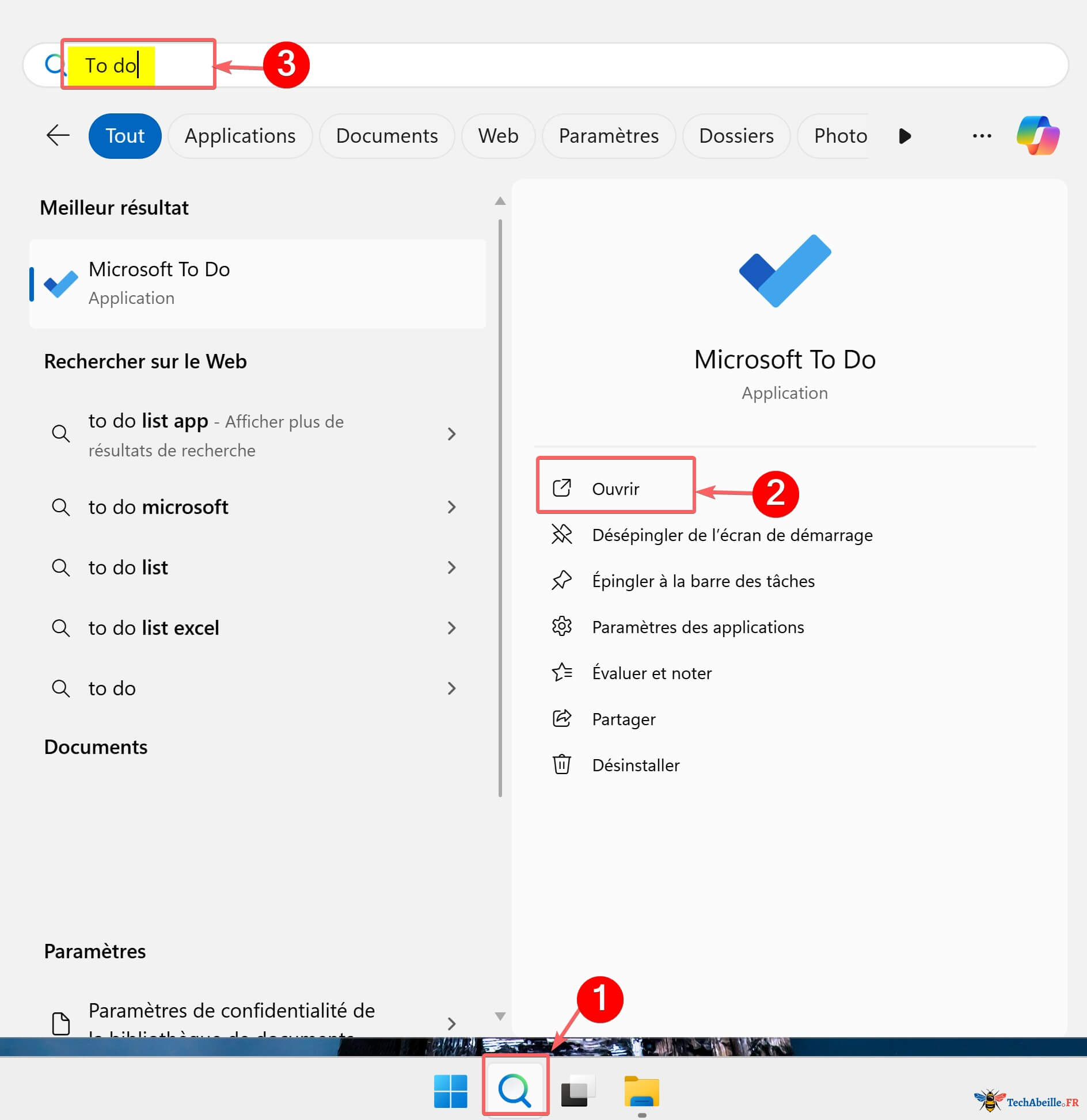 Rechercher To Do dans la barre des taches pour ouvrir rapidement Microsoft To Do