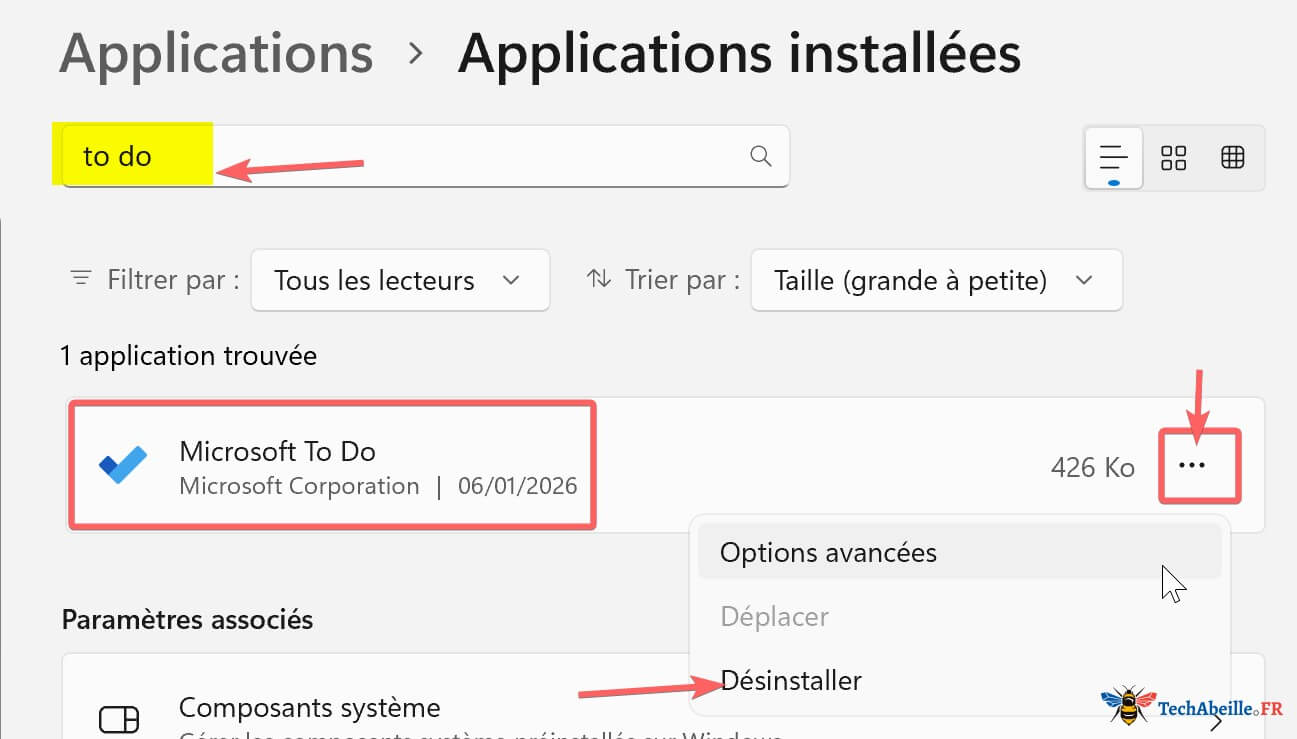 Rechercher To Do dans les applications installees puis selectionner Desinstaller