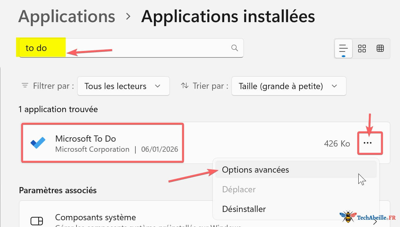 Rechercher To Do dans les applications installees puis selectionner Options avancees