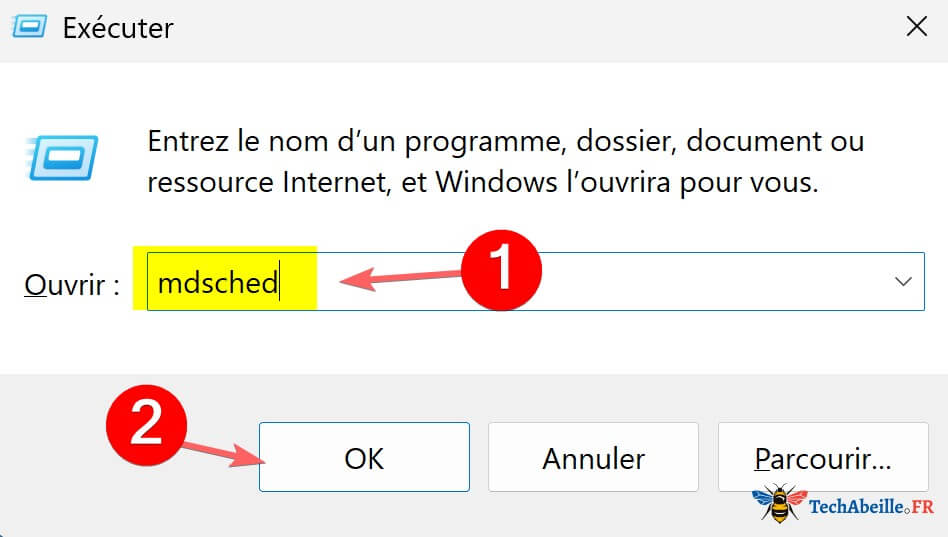 Saisie de la commande mdsched dans la fenetre Executer