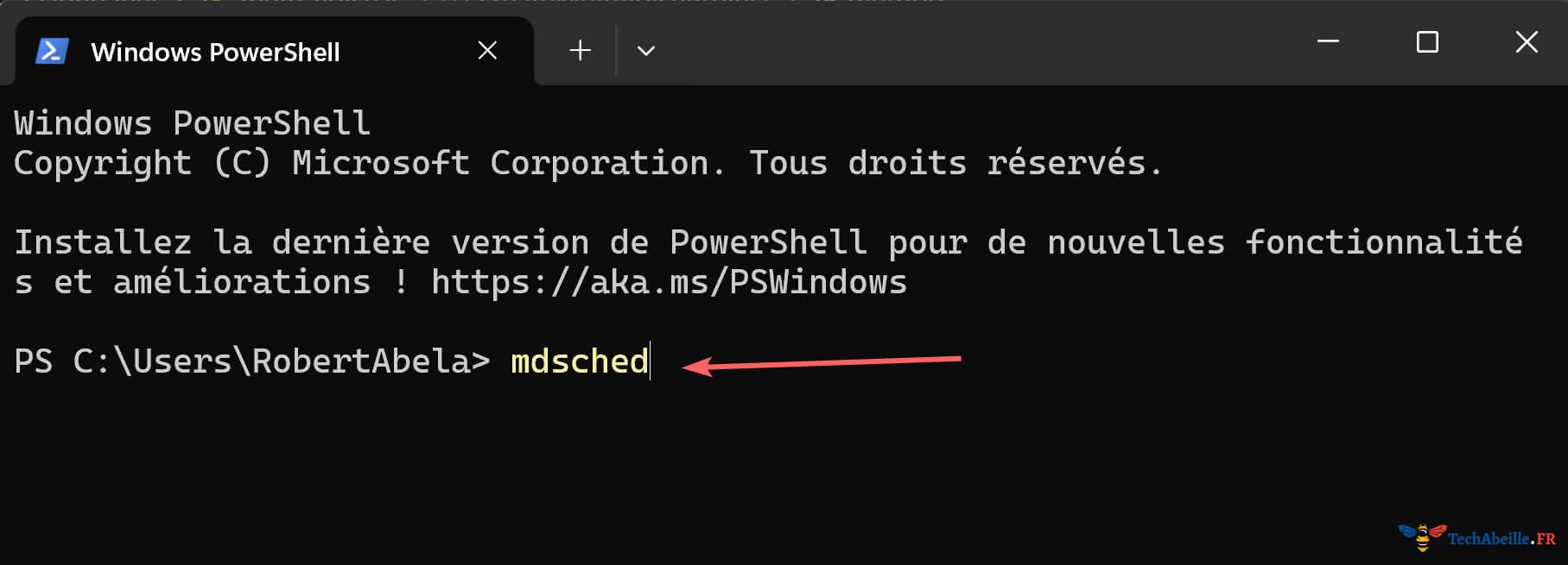Saisie de la commande mdsched dans le terminal pour lancer le Diagnostic de memoire