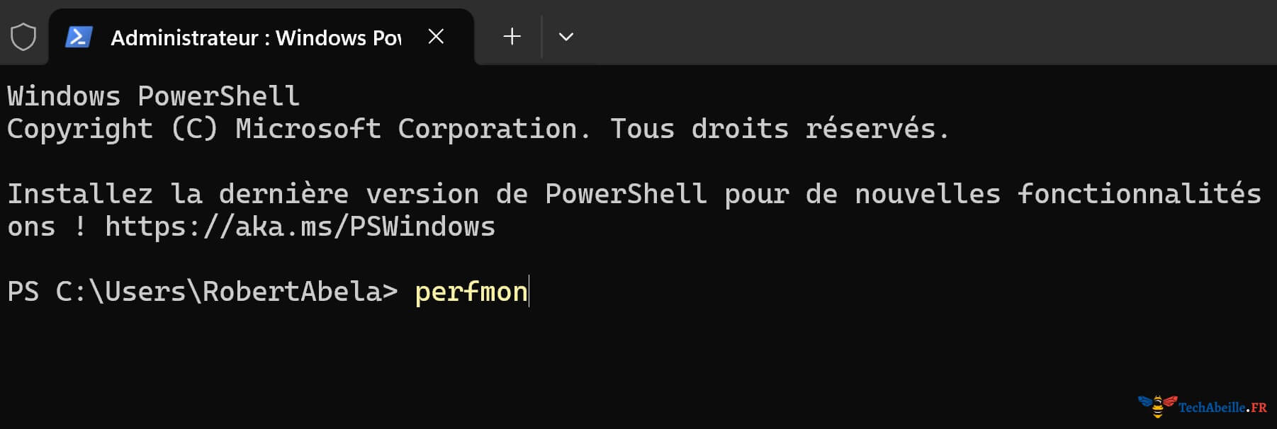 Saisie de la commande perfmon dans le terminal pour lancer lAnalyseur de performances