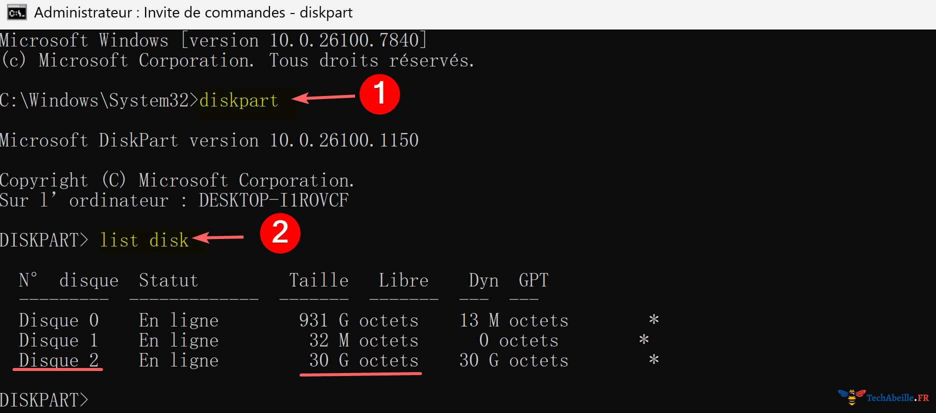 Saisie des commandes dans cmd pour afficher la liste des disques