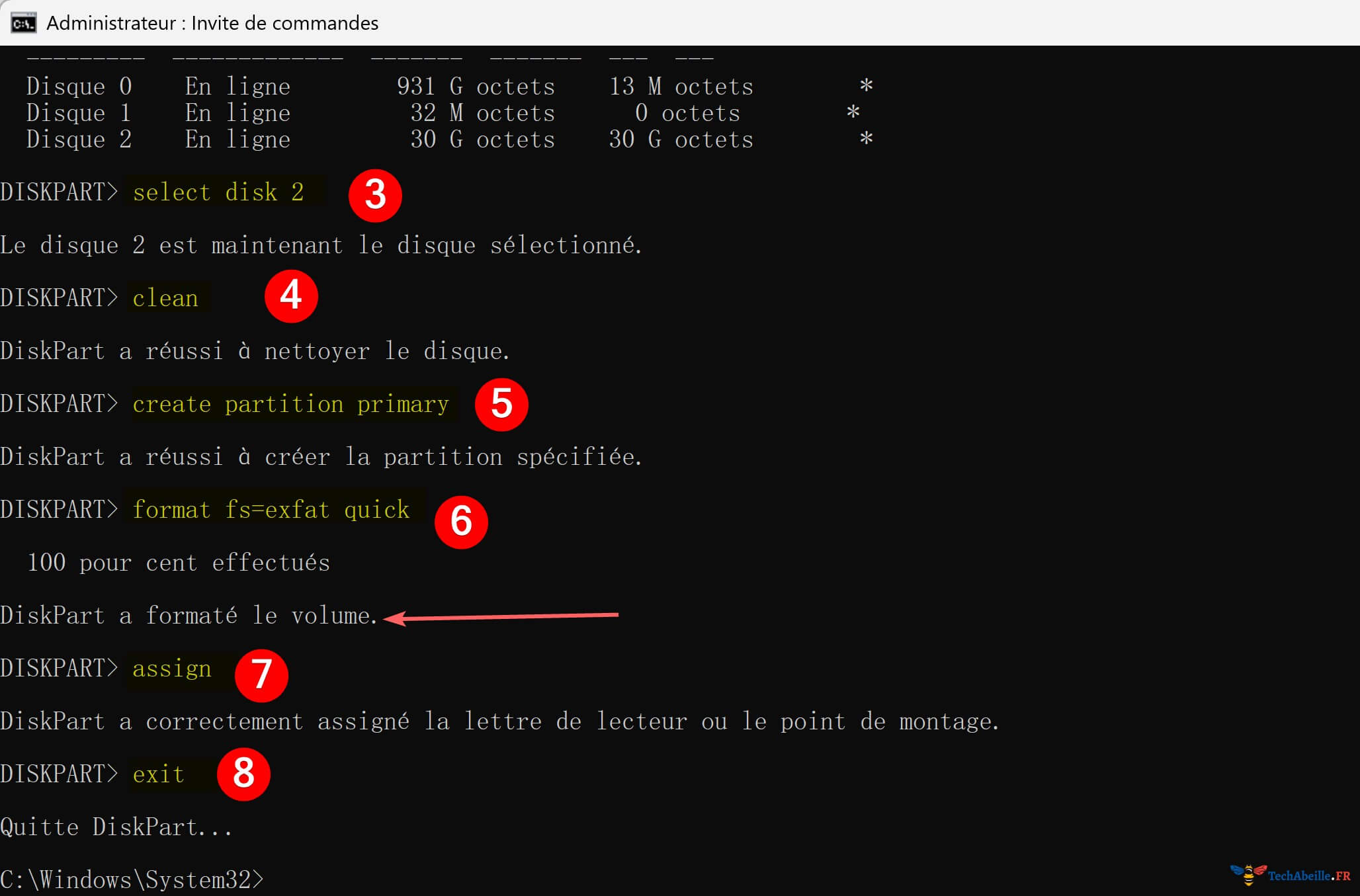 Saisie des commandes dans cmd pour creer une partition principale et effectuer un formatage rapide