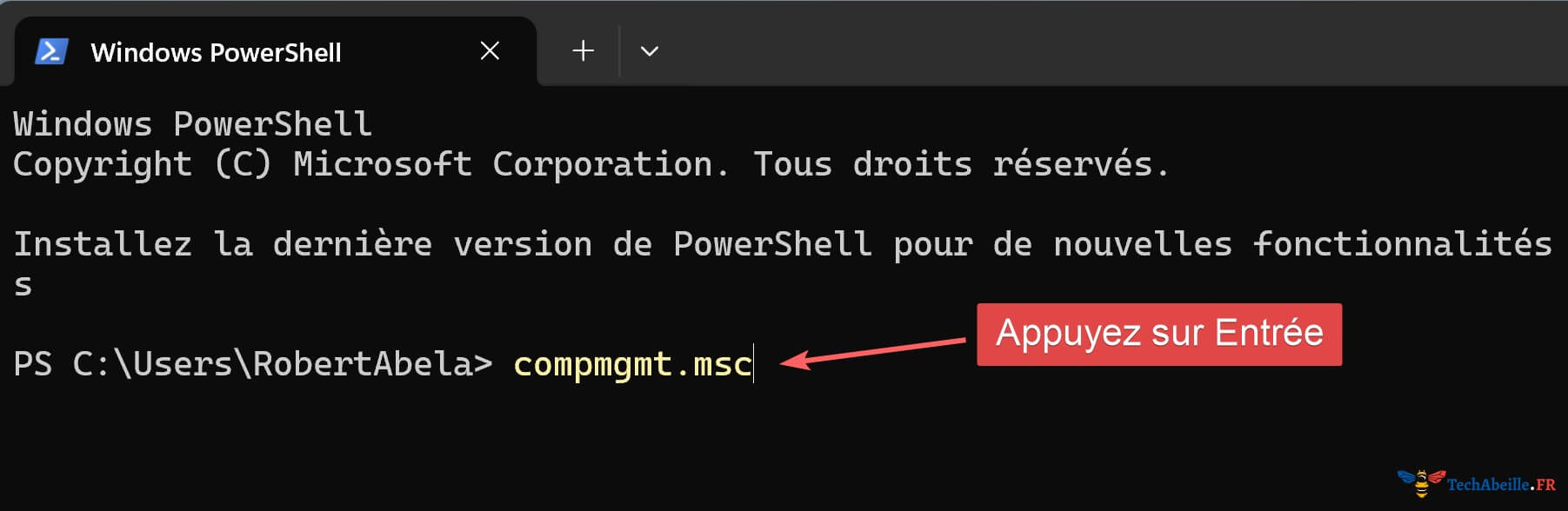Saisir compmgmt.msc dans PowerShell