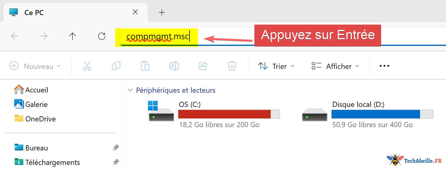 Saisir compmgmt.msc dans la barre d adresse de l Explorateur de fichiers