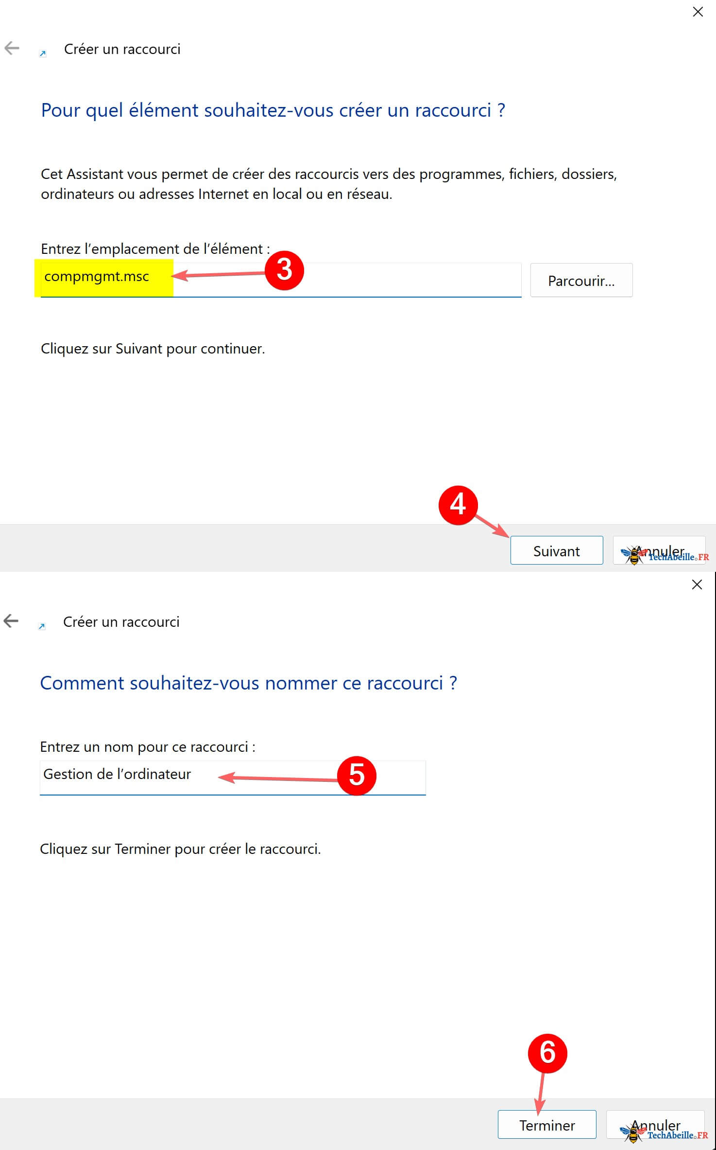 Saisir compmgmt.msc dans le panneau de creation de raccourci et personnaliser le nom