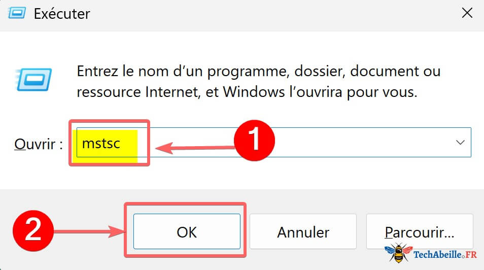 Taper la commande mstsc dans la boite de dialogue Executer pour lancer la Connexion Bureau a distance