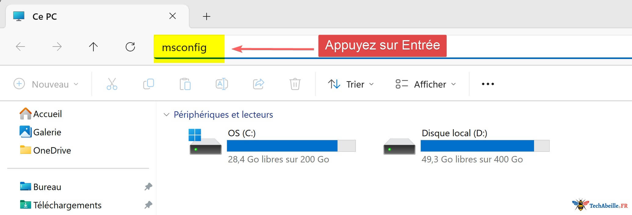 Tapez msconfig dans la barre d adresse de l explorateur de fichiers et appuyez sur Entree